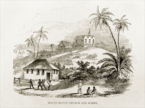 Mount Olivet Church and Mission School, Jamaica. A woodcut illustration of Mount Olivet Church and