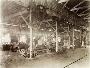 Locomotive Department's machine shop, Trinidad. The interior of a machine shop belonging to