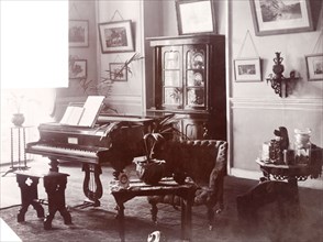 A Victorian drawing room. A grand piano stands in the corner of the Victorian-style drawing room of
