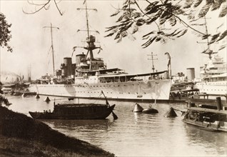 HMS Exeter in Calcutta docks. View of Royal Navy cruiser HMS Exeter moored in the docks at Calcutta
