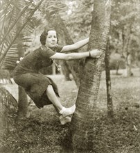 Mavis climbs a palm tree, Calcutta. A British woman called Mavis stifles a laugh as she tries to