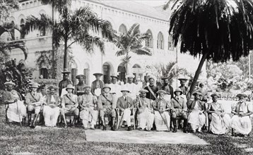 Ceylon Police. Group portrait of uniformed British police officers and Kandyan chiefs in