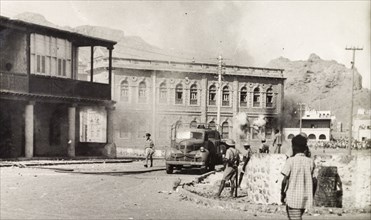 Arab riots in Aden, 1947. Smoke fills the air in the Jewish quarter of Aden, during Arab riots that
