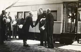 Lord Irwin's arrival at Indore. Lord Irwin, Viceroy of India, shakes hands with an Indian prince