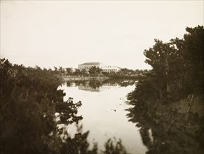 Canteen Lagoon', Bermuda. View across the still waters of an inland bay looking towards a large