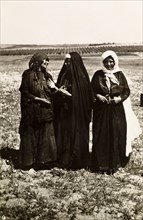 Palestinian bedouin women. Portrait of three Palestinian bedouin women standing in open