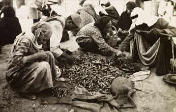 Okra seller, Palestine. Shoppers select okra from a stall at a Palestinian market, which the trader