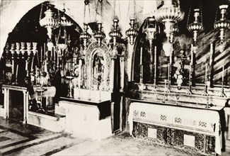 Calvary Altar, Church of the Holy Sepulchre. View of the ornate Calvary Altar in the Church of the