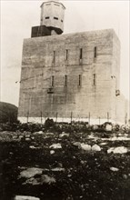 Fortified police building, Palestine. View of a large, fortified building with a projecting
