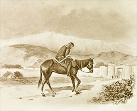 A weary British soldier. An illustration depicts a scene from the Indian Mutiny and Rebellion