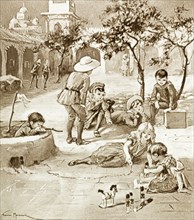 Playing at war. An illustration depicts a group of British children playing war in a courtyard