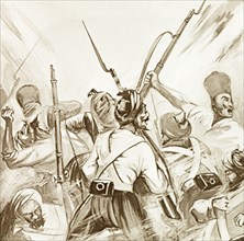 Sepoys battling Sikh soldiers, 1857. An illustration depicts a violent battle between mutinous