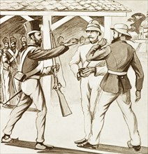 A moment of tension at Lucknow, 1857. An illustration depicts a moment of tension between an Indian