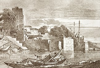 Cawnpore, circa 1857. Illustrated view over the city of Cawnpore, observed at around the time of