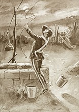 Water carriers under fire'. An illustration depicts a British soldier receiving a shot to the head