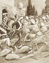 Fighting at an Indian temple, 1857. An illustration depicts a violent battle scene from the Indian
