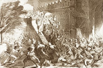 Storming the Cashmere (Kashmir) Gate, Delhi. An illustration depicts British soldiers storming the