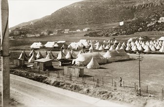 Camp of the First Battalion Irish Guards, Nablus. Lines of army bell tents are pitched at Nablus,
