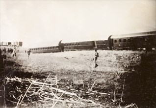 Derailed passenger train at Ras el Ain. A passenger train at Ras el Ain, derailed in a sabotage