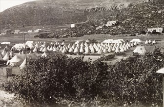 Camp of the First Battalion Irish Guards, Nablus. Lines of army bell tents are pitched at Nablus,