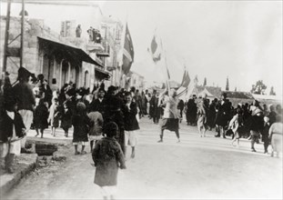 Nebi Musa procession in Ramallah. Muslim pilgrims bearing flags take part in a Nebi Musa
