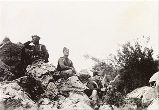 British soldiers man a look-out post, Palestine. British soldiers man a look-out post on a rocky