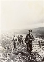 British soldiers patrolling the Palestinian hills. Soldiers of the Royal Ulster Rifles, an Irish