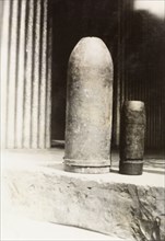 Bombs from Palestine. Two bombs, made of 'old shell' according to an original caption, sit side by