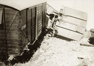 Derailment on the Kantara line. Railway carriages lay in a tangled heap on the Kantara line,