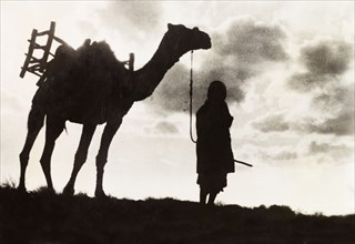 Silhouetted man and camel. The figure of a Arab man leading a camel along a ridge is silhouetted in