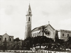 Catholic church in Jaffa. View of a spired Catholic church in Jaffa. Jaffa, British Mandate of