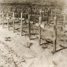 War graves on a French battlefield, 1919. Rows of wooden crosses mark the graves of fallen soldiers