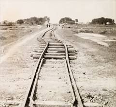 Railway track damaged by earthquake, Bihar. A section of buckled railway track, damaged by an