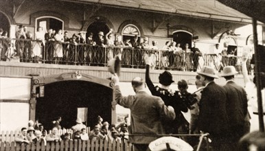 Leaving Outram Ghat, Calcutta. Passengers wave goodbye from the deck of British India Steam
