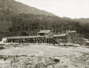 A tin mine, British Malaya. A typical Malaysian tin mine. Perak, British Malaya (Malaysia), 1940.,