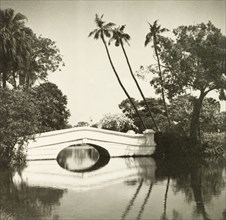 Eden Gardens, Calcutta. A stone footbridge spans a tranquil pool in Eden Gardens. Calcutta