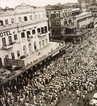 Protest on Old Court House Street, Calcutta, 1946. A crowd of Indian protesters brandish banners as