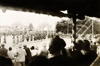 Procession for Dasara Festival. View from an audience stand of a procession taking place in front