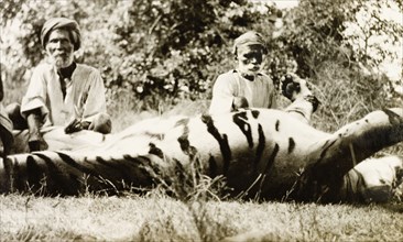 Shikaris' posing with tiger carcass. Two Indian 'shikaris' (professional hunters) pose beside the