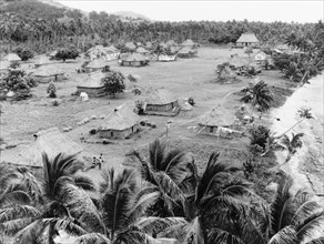 A 'bure' village in Fiji. A village comprising a number of traditional Fijian 'bures' (dwellings)