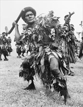 Men perform the 'meke i wau'. A group of men perform the 'meke i wau', a male dance from Fiji