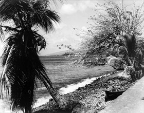 Dominica coastline. Waves crash against a steep, pebbled beach. Dominica, 1965., Dominica,
