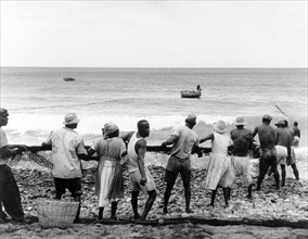 Hauling in the nets, Granada. A line of men and women haul in their fishing nets on a sandy beach