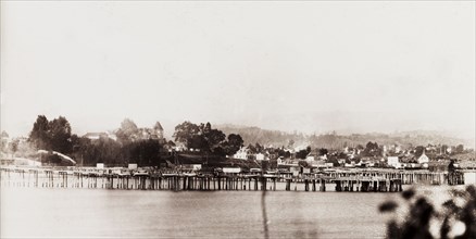 Wharfs at Santa Cruz. View of the wooden Potato Wharf and Railroad Wharf at Santa Cruz. Santa Cruz,