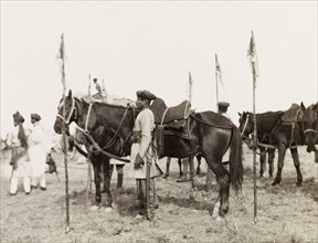Lancers at Coronation Durbar, 1903. An Indian mounted infantry unit stand with their horses, lances