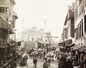 Sunehri Masjid, Lahore. View through the bustling streets of Kashmiri bazaar to the Sunehri Masjid