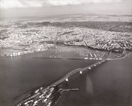 Aerial view of Auckland Harbour Bridge. Auckland Harbour Bridge stretches across Waitemata Harbour