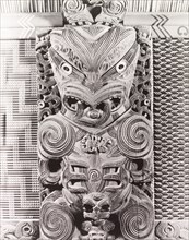 Maori 'tekoteko' panel. Close-up shot of a Maori 'tekoteko' panel, a human-like figure carved from