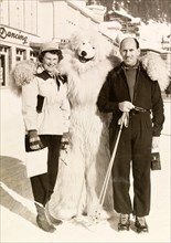 Posing with a polar bear, Switzerland. James and Eileen Murray pose with a performer in polar bear