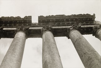 Corinthian columns at Baalbek. Upward view of the Corinthian columns at Baalbek, once one of the